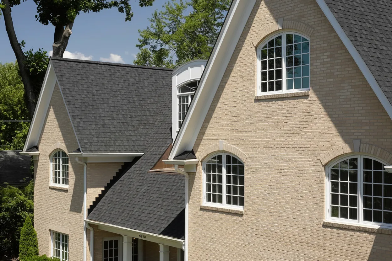 Beige house with Black roof
