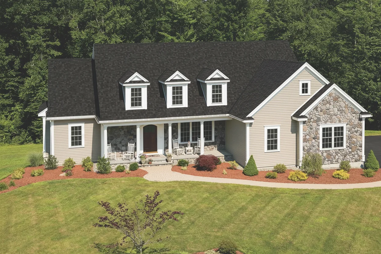 Beige house with Black roof using Cambridge Dual Black