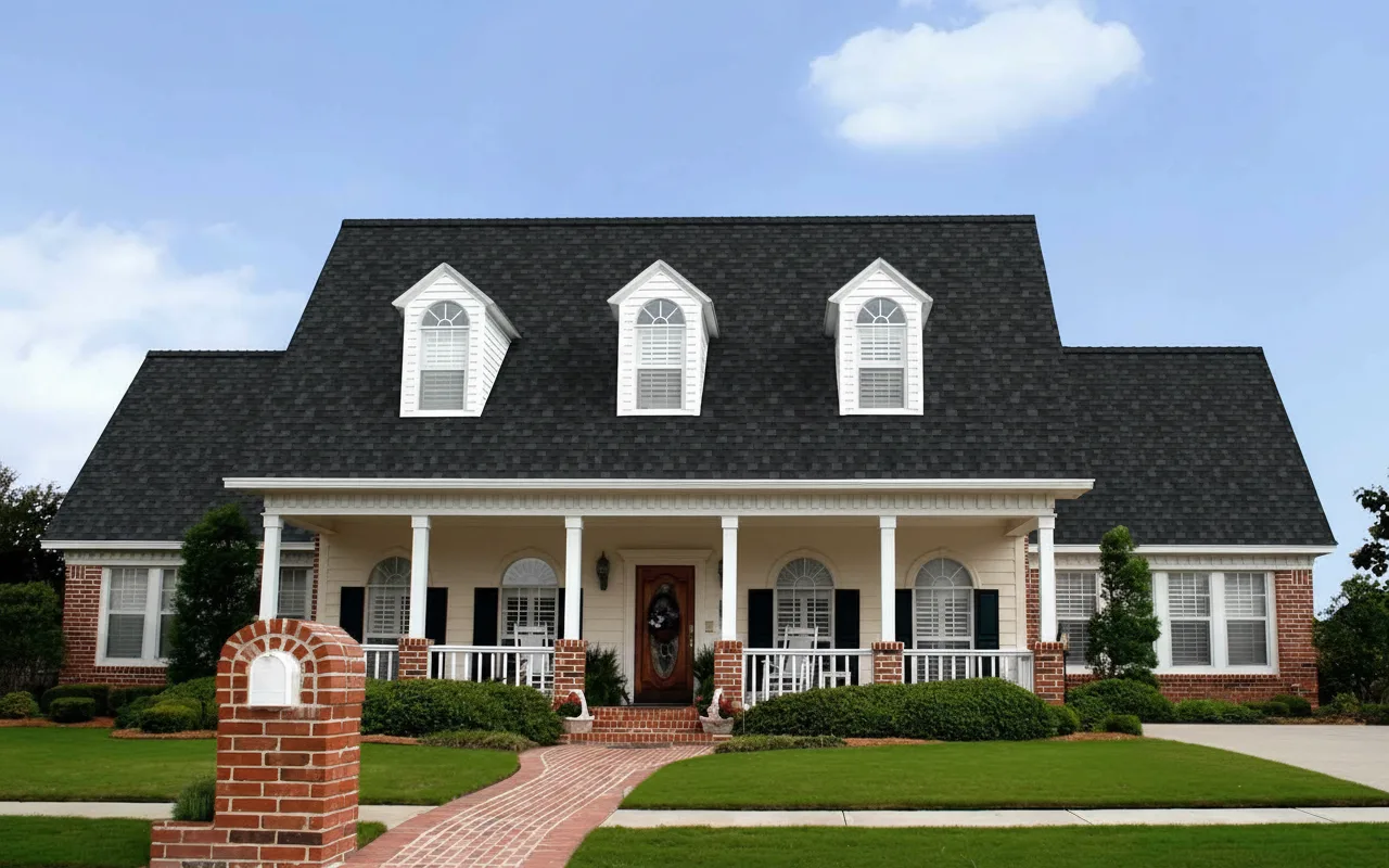 Beige house with Black roof using Duration Onyx Black