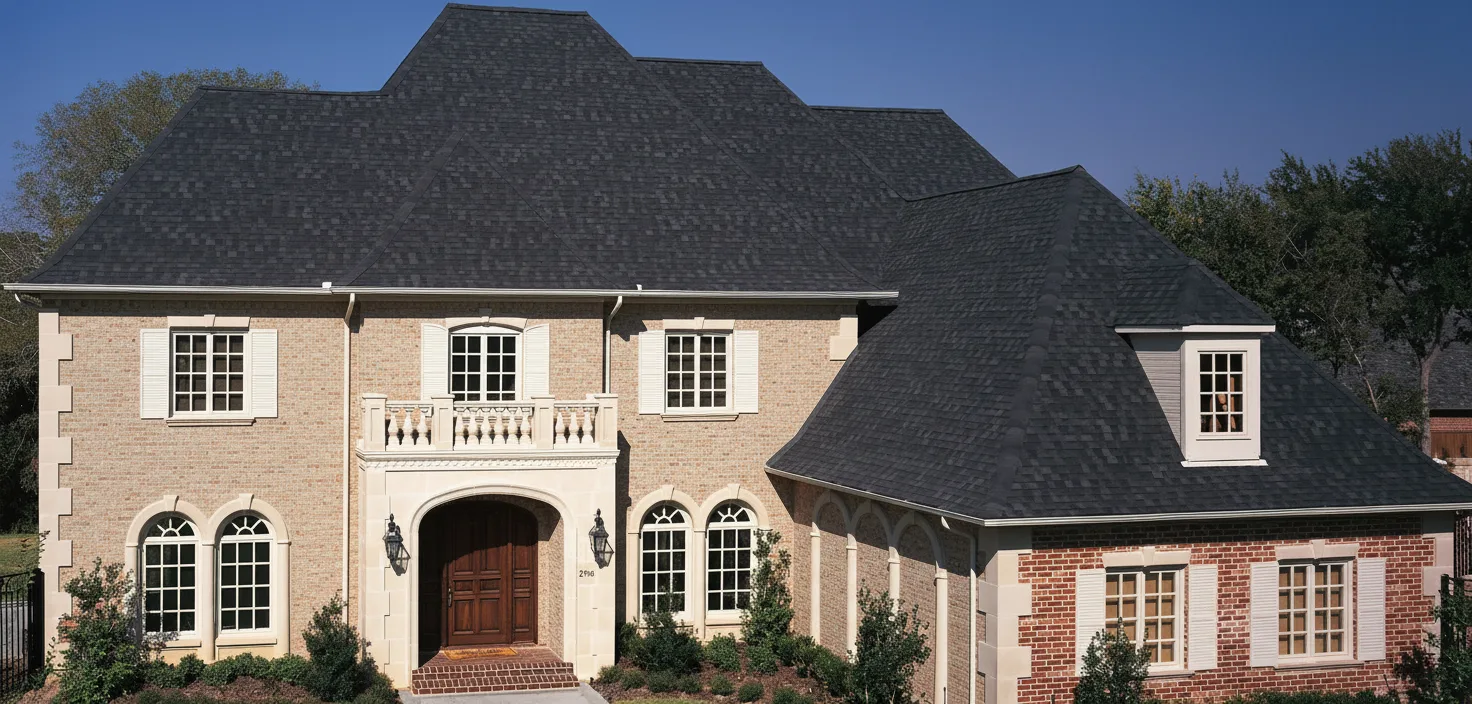 Beige house with Black roof using Heritage Rustic Black
