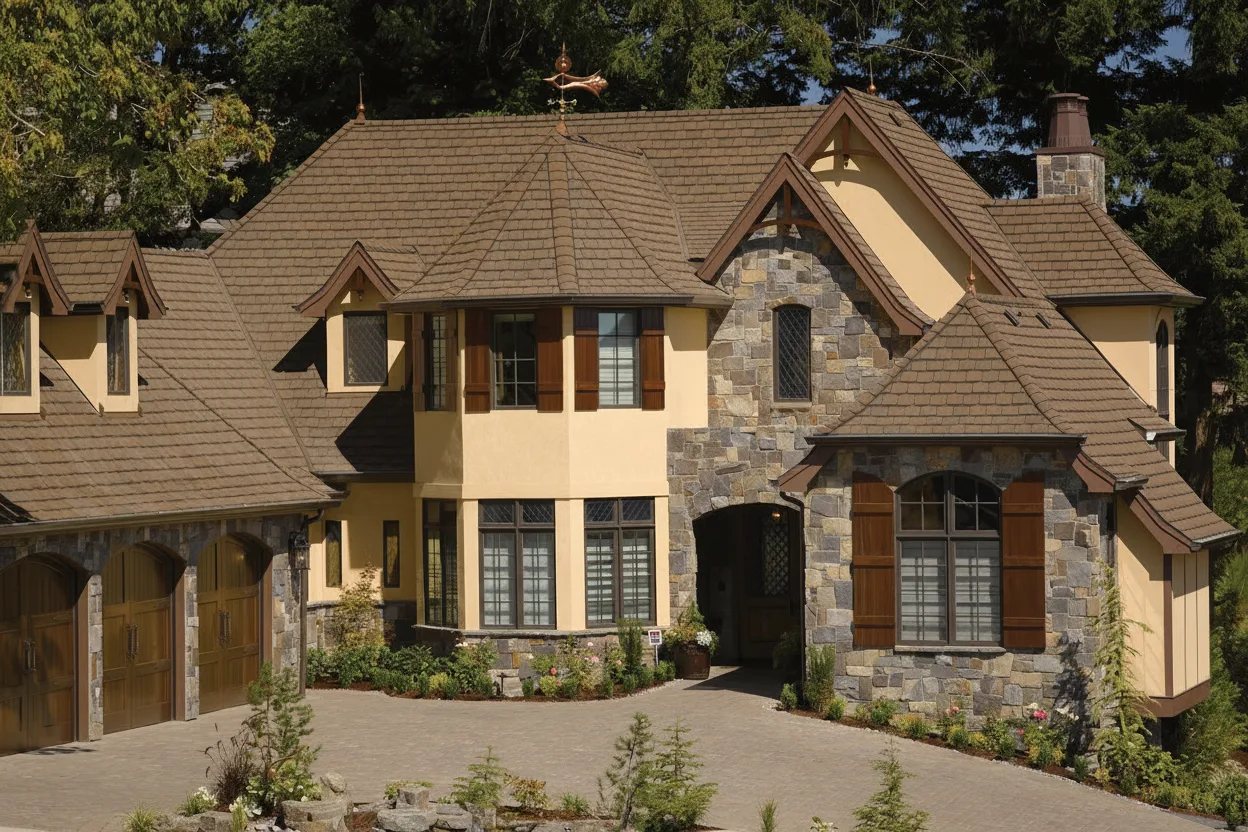 Beige house with Brown roof using Grand Manor Brownstone