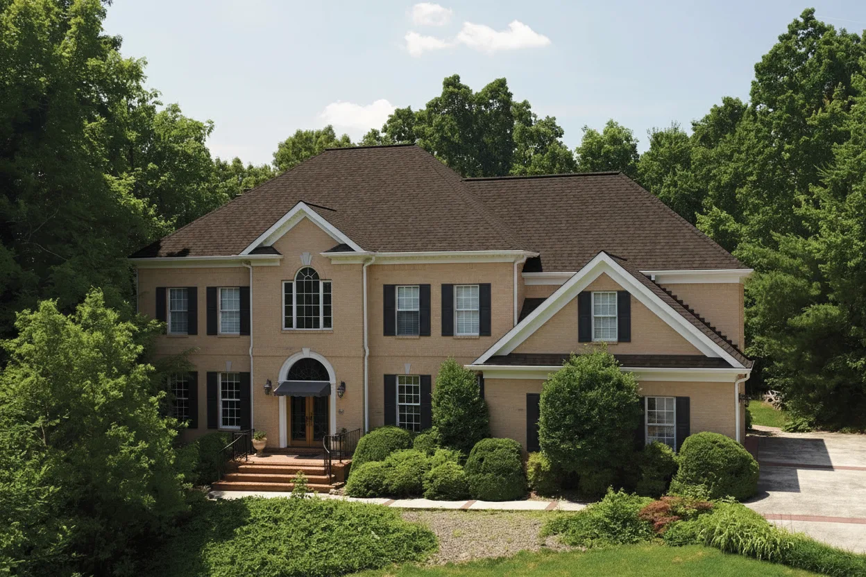 Beige house with Brown roof using Landmark Pro Max Def Heather Blend