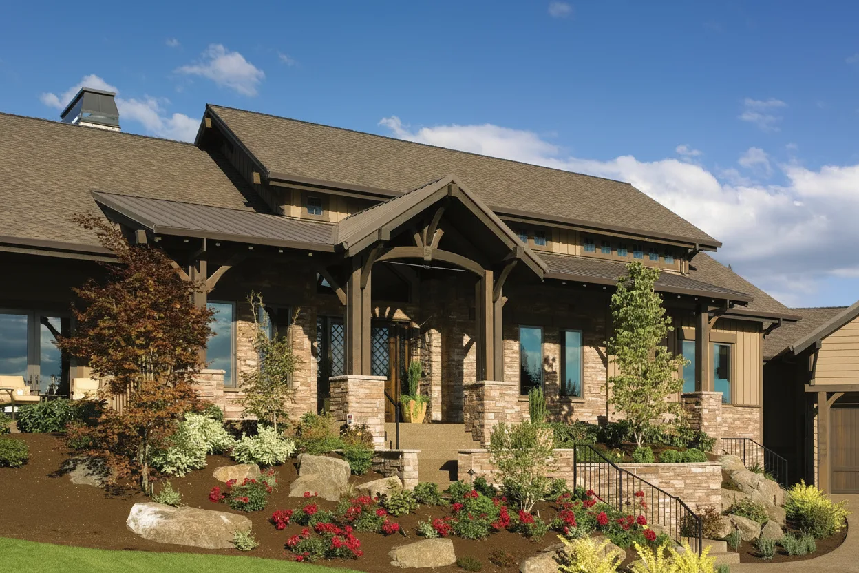 Beige house with Brown roof using Presidential Shake Autumn Blend
