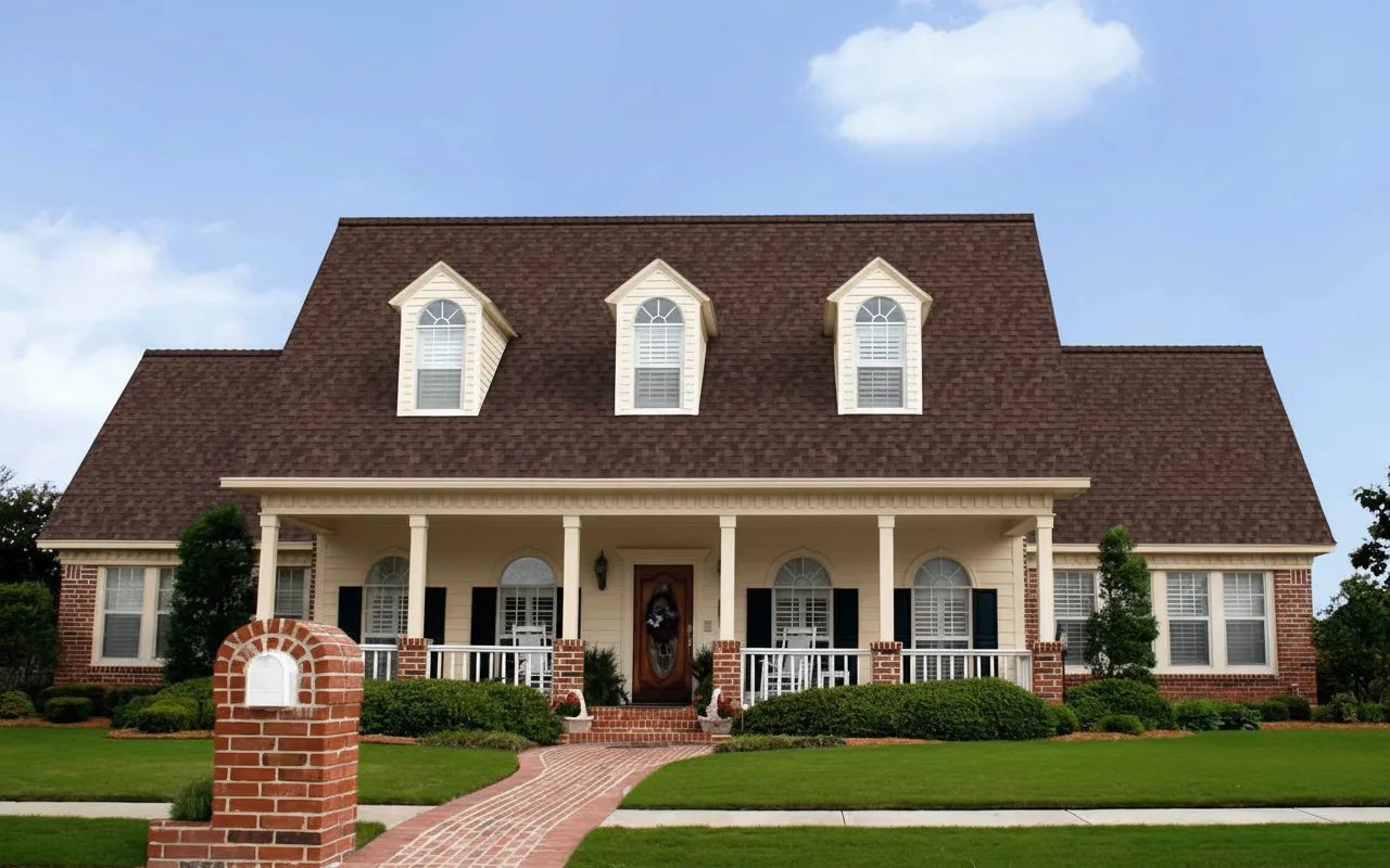Beige house with Brown roof using Duration Brownwood