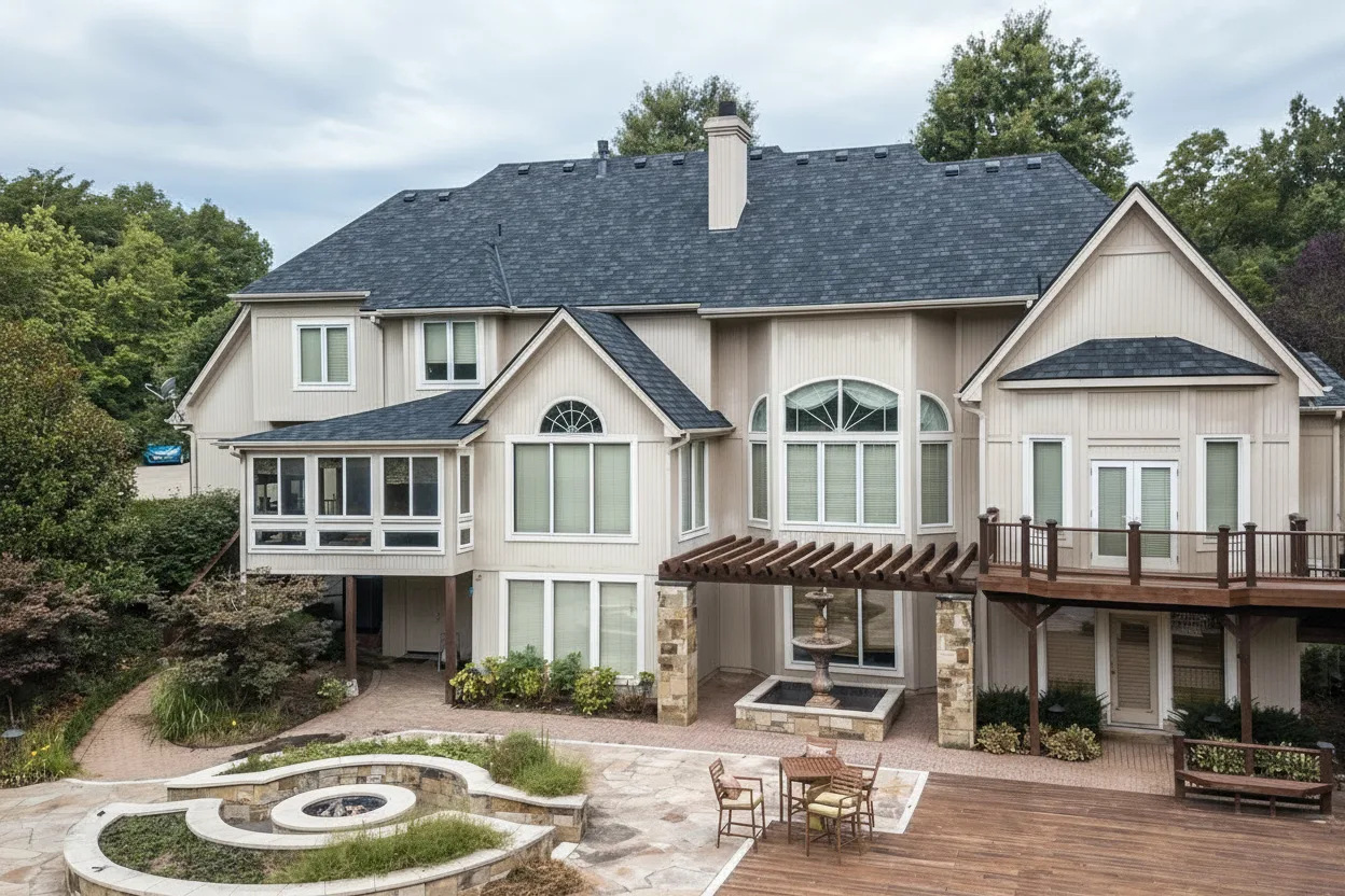 Beige house with Charcoal roof using Belmont Black Granite