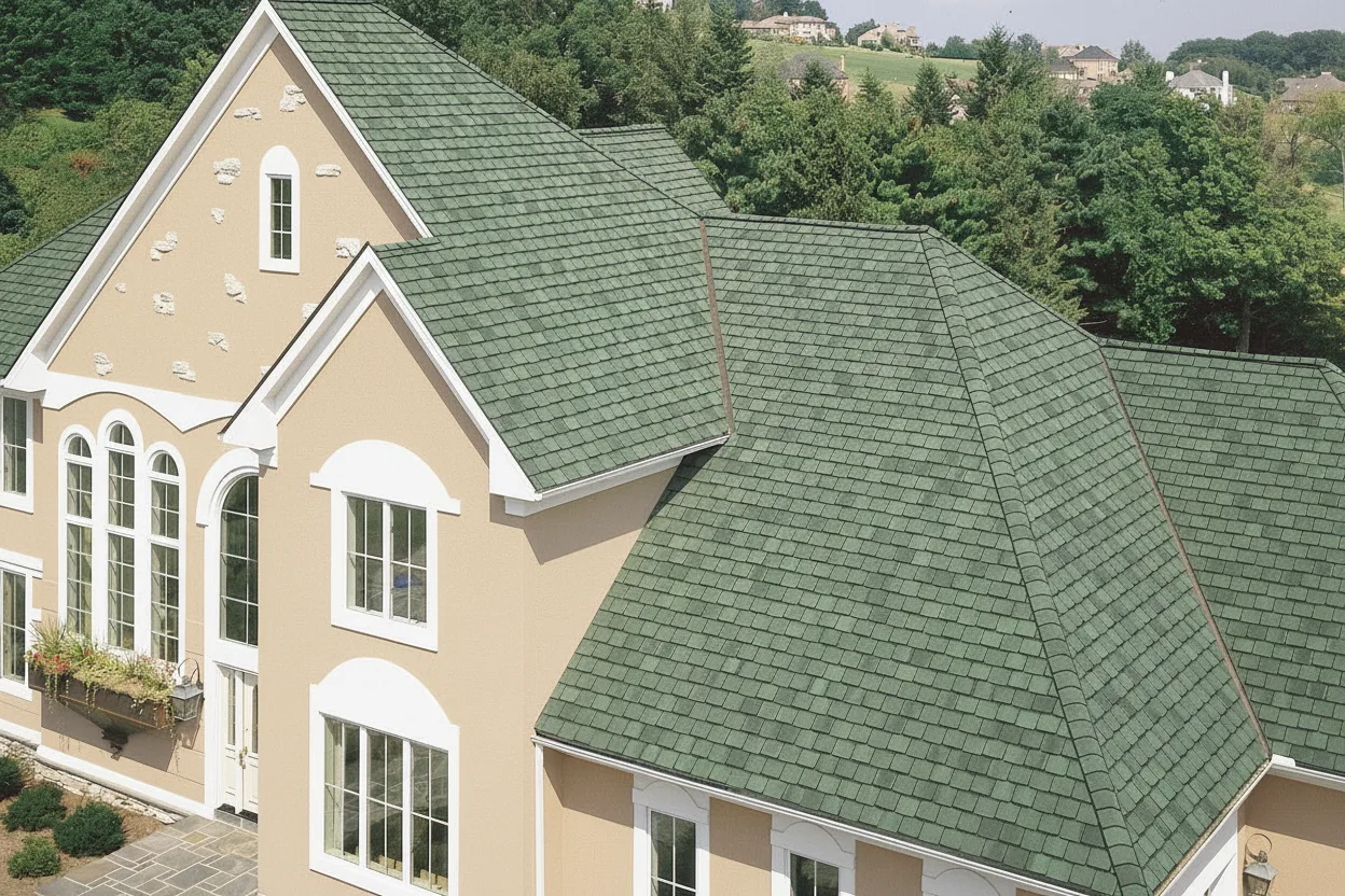 Beige house with Charcoal roof using Grand Manor Sherwood Forest