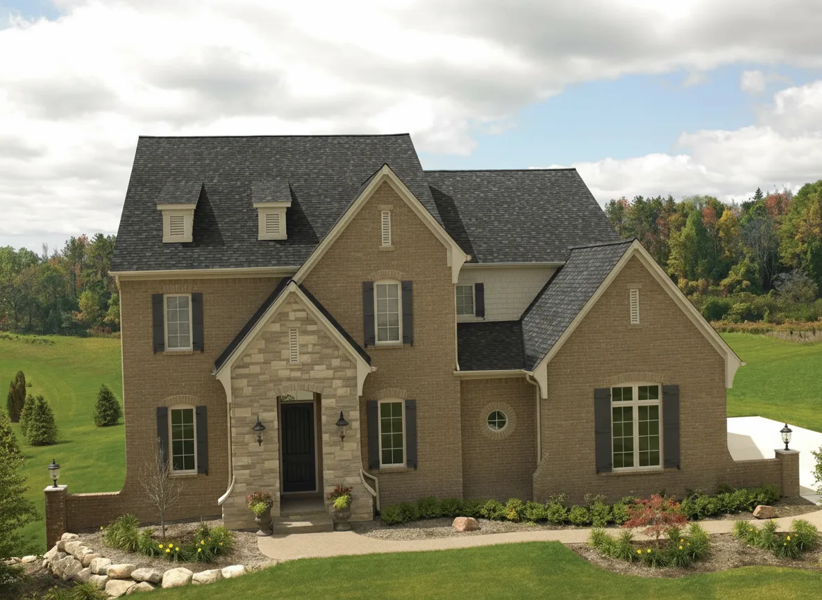 Beige house with Charcoal roof using Cambridge Harvard Slate
