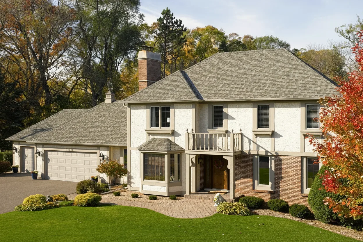 Beige house with Weathered Wood roof using Northgate Climateflex Max Def Weathered Wood