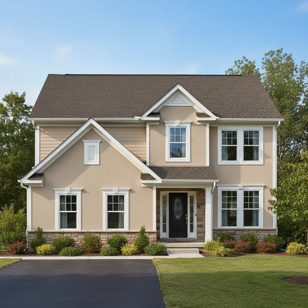 Beige house with Weathered Wood roof using Cambridge Driftwood