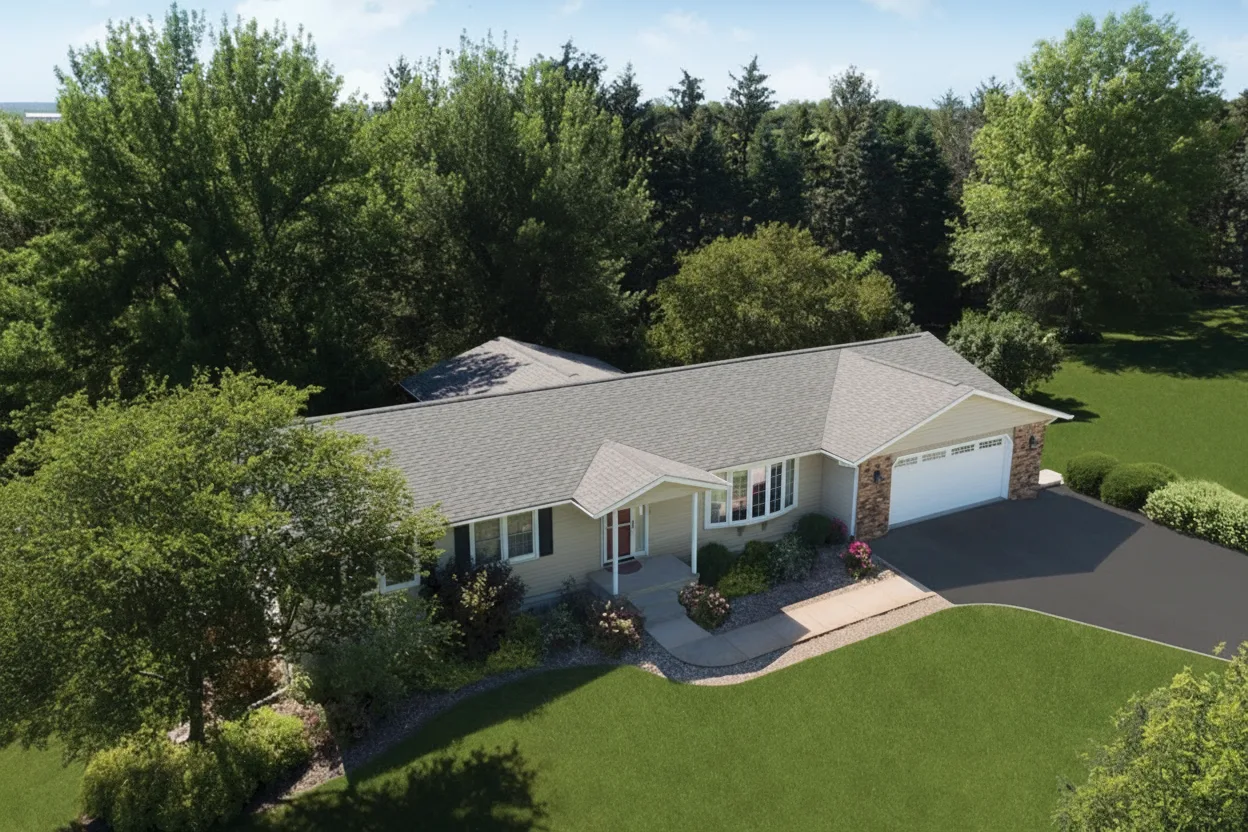 Beige house with Weathered Wood roof using Vista Weathered Wood