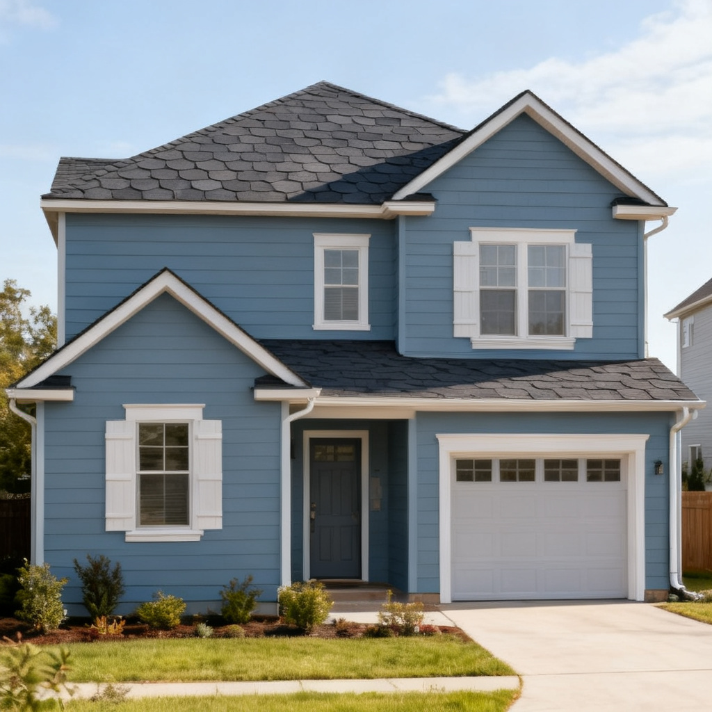 Blue house with Black roof using Royal Estate Shadow Slate