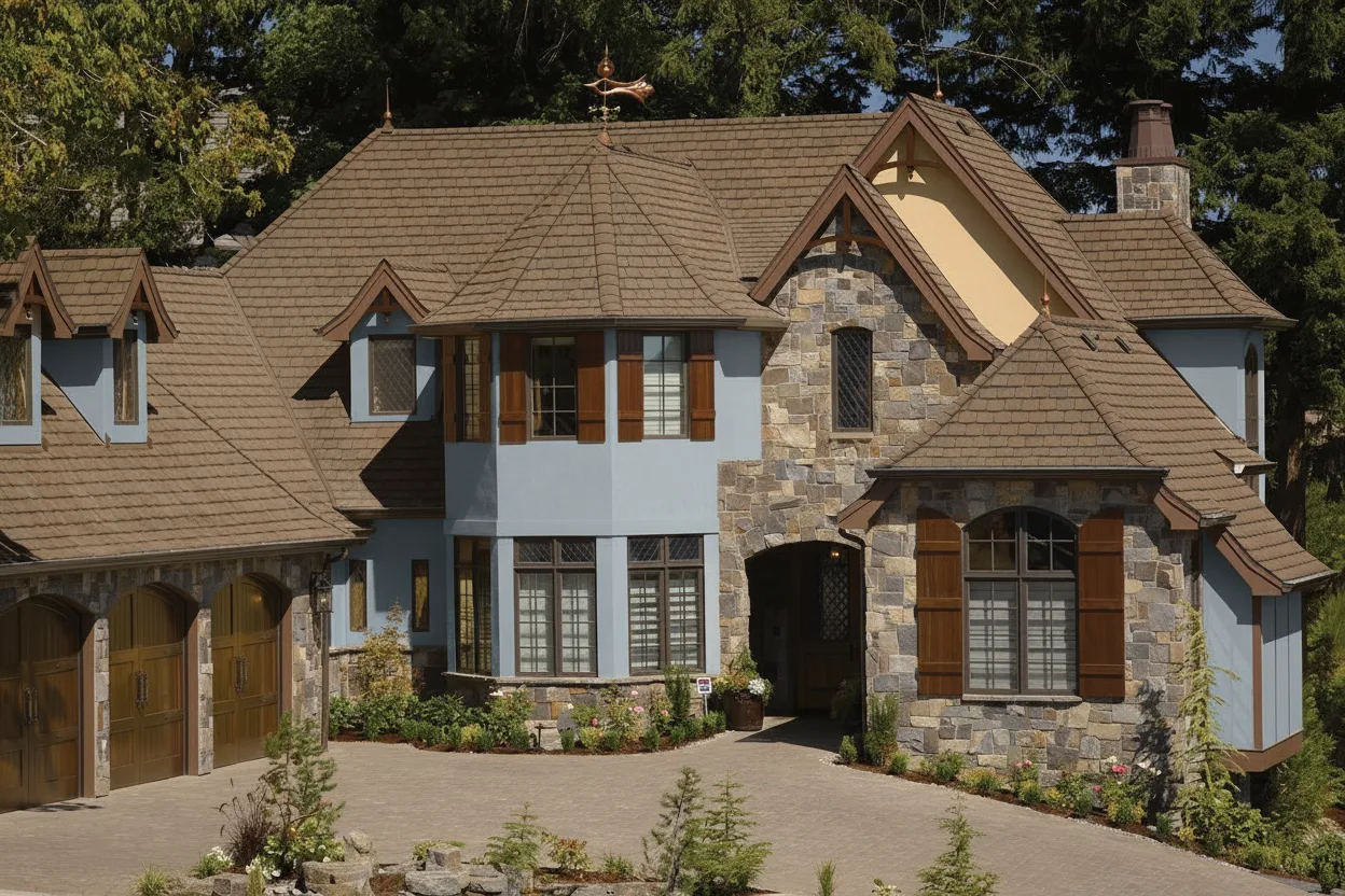 Blue house with Brown roof using Grand Manor Brownstone