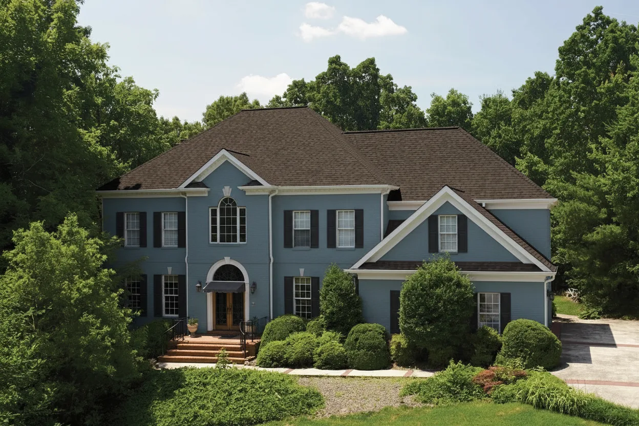 Blue house with Brown roof using Landmark Pro Max Def Heather Blend