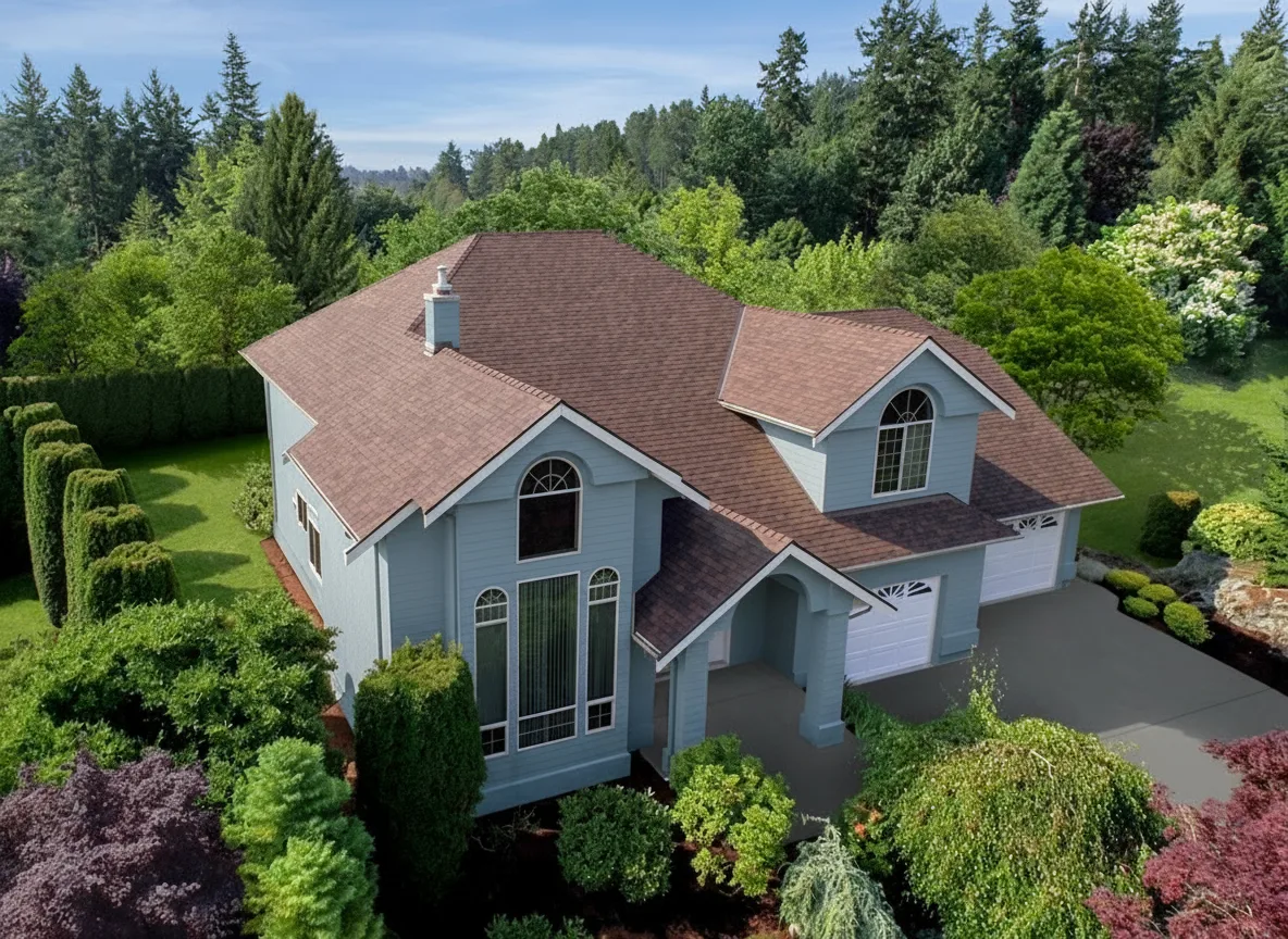 Blue house with Brown roof using Legacy Antique Brown