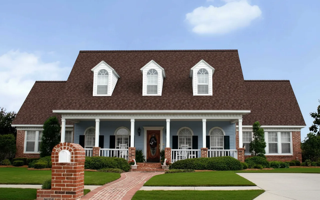 Blue house with Brown roof using Duration Brownwood