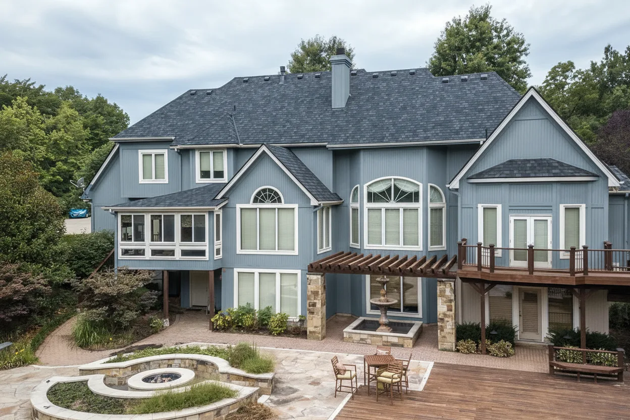 Blue house with Charcoal roof using Belmont Black Granite