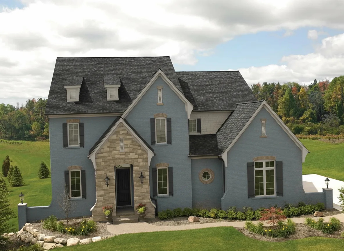 Blue house with Charcoal roof using Cambridge Harvard Slate