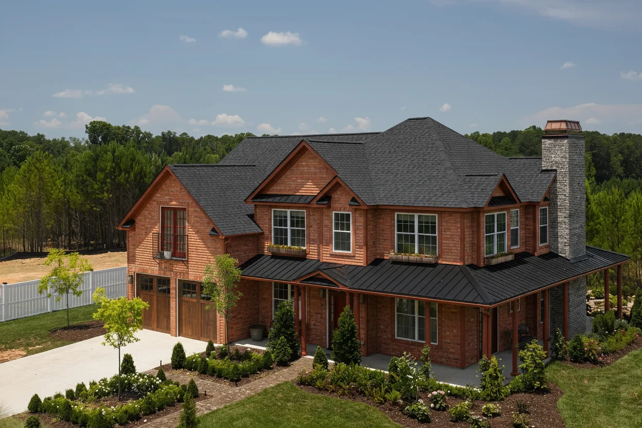 Brick Red house with Black roof using Landmark Pro Cinder Black