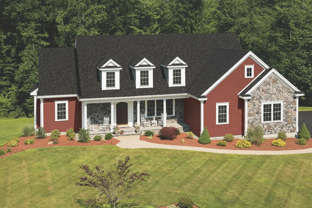 Brick Red house with Black roof using Cambridge Dual Black