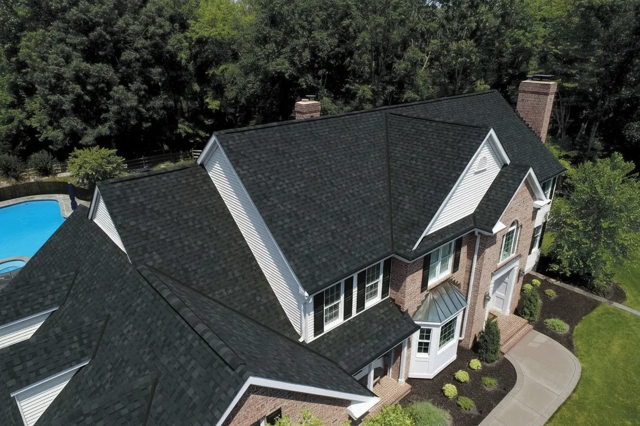 Brick Red house with Black roof using Dynasty Granite Black