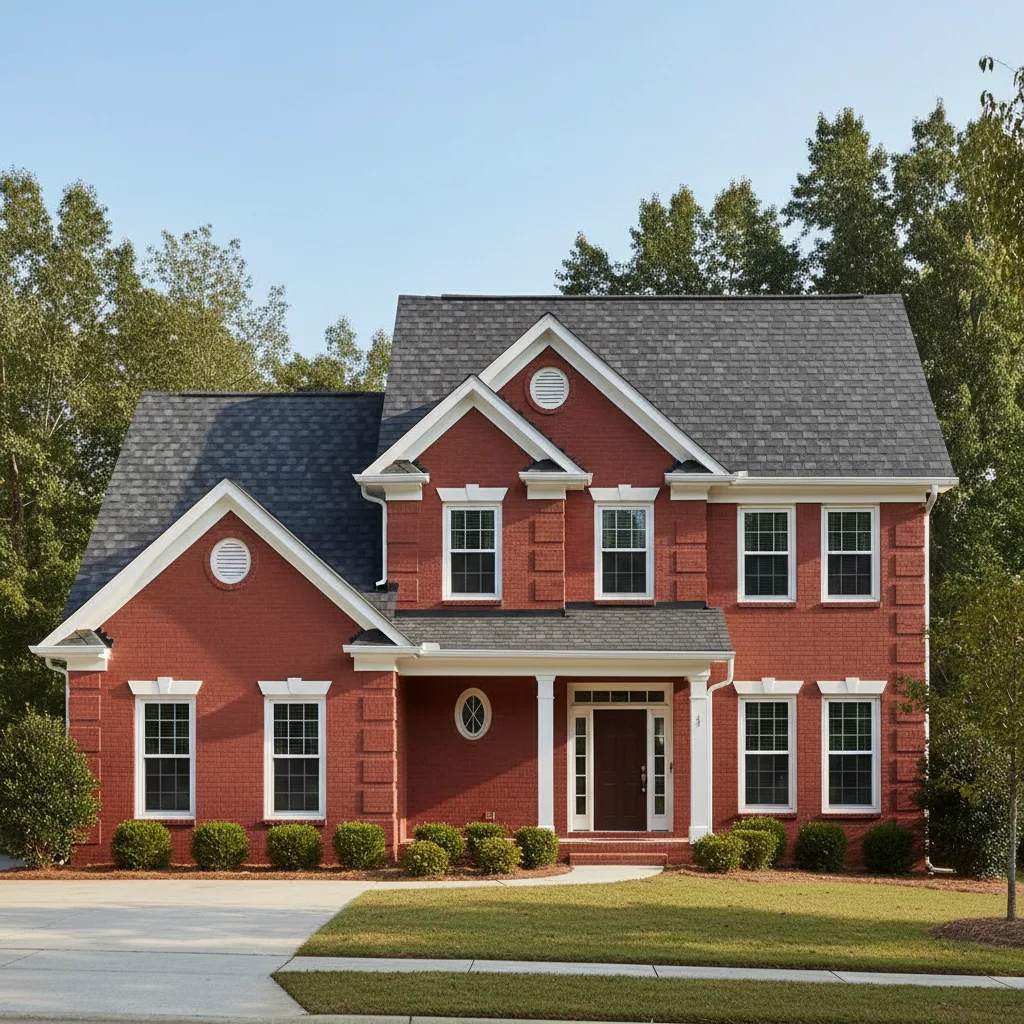 Brick Red house with Black roof using Royal Estate Shadow Slate