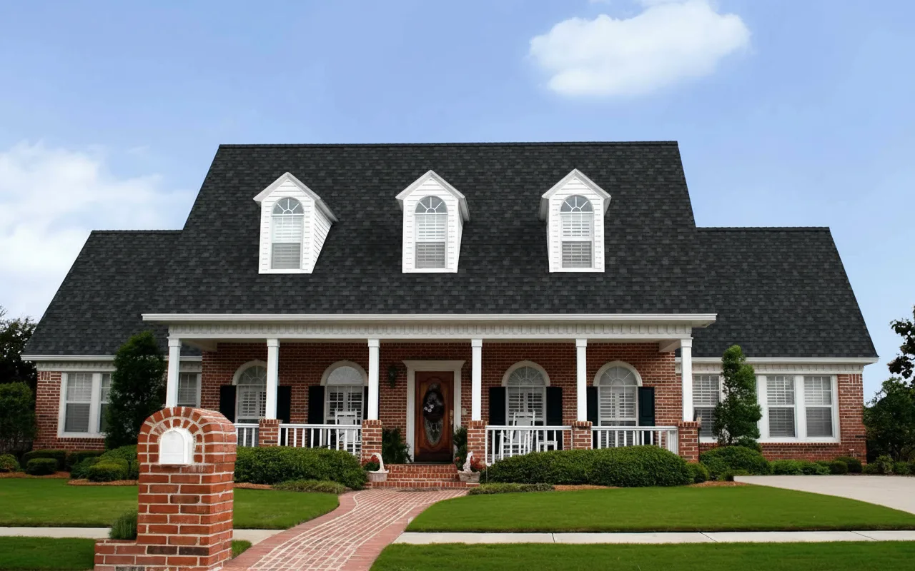 Brick Red house with Black roof using Duration Onyx Black