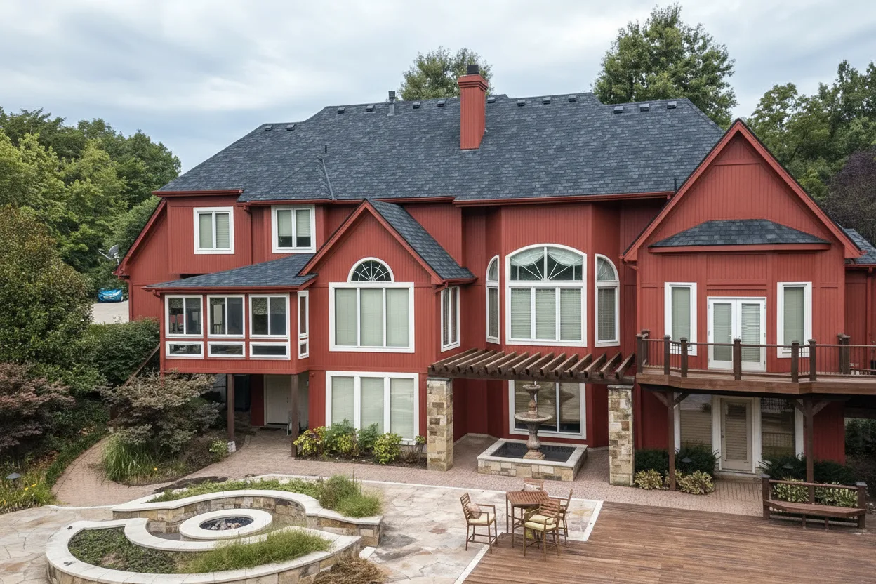 Brick Red house with Charcoal roof using Belmont Black Granite