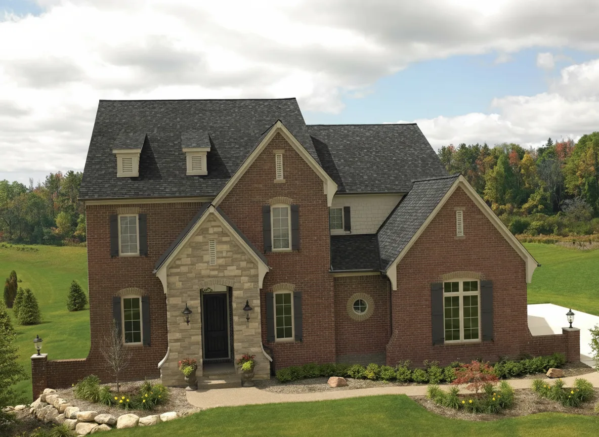 Brick Red house with Charcoal roof using Cambridge Harvard Slate