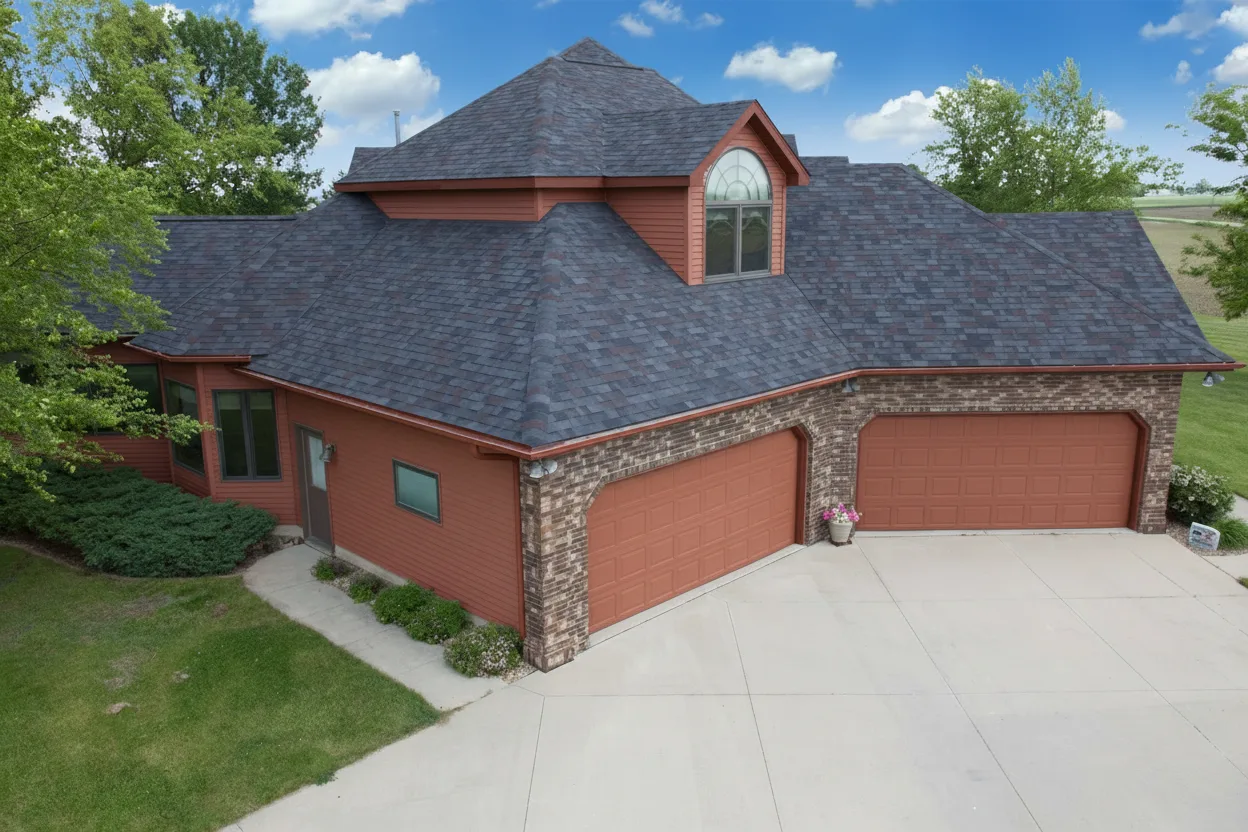 Brick Red house with Charcoal roof using Vista Black Oak