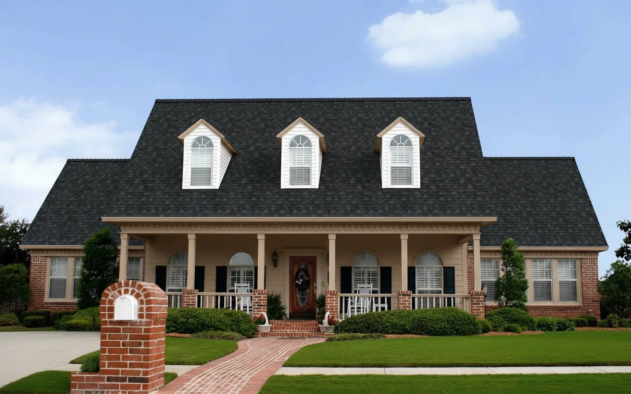 Brown house with Black roof using Duration Onyx Black