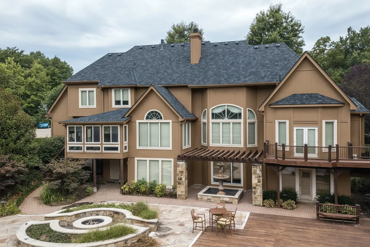 Brown house with Charcoal roof using Belmont Black Granite