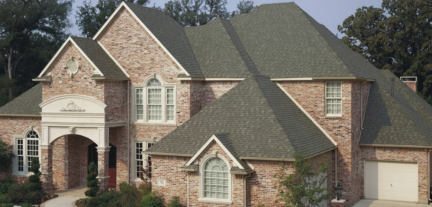 Brown house with Charcoal roof using Heritage Oxford Grey