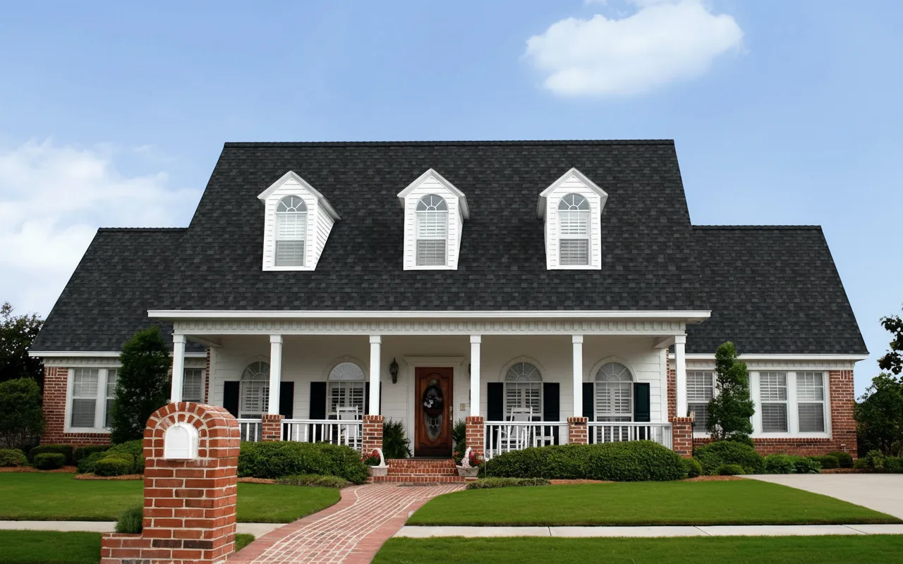 Cream house with Black roof using Duration Onyx Black