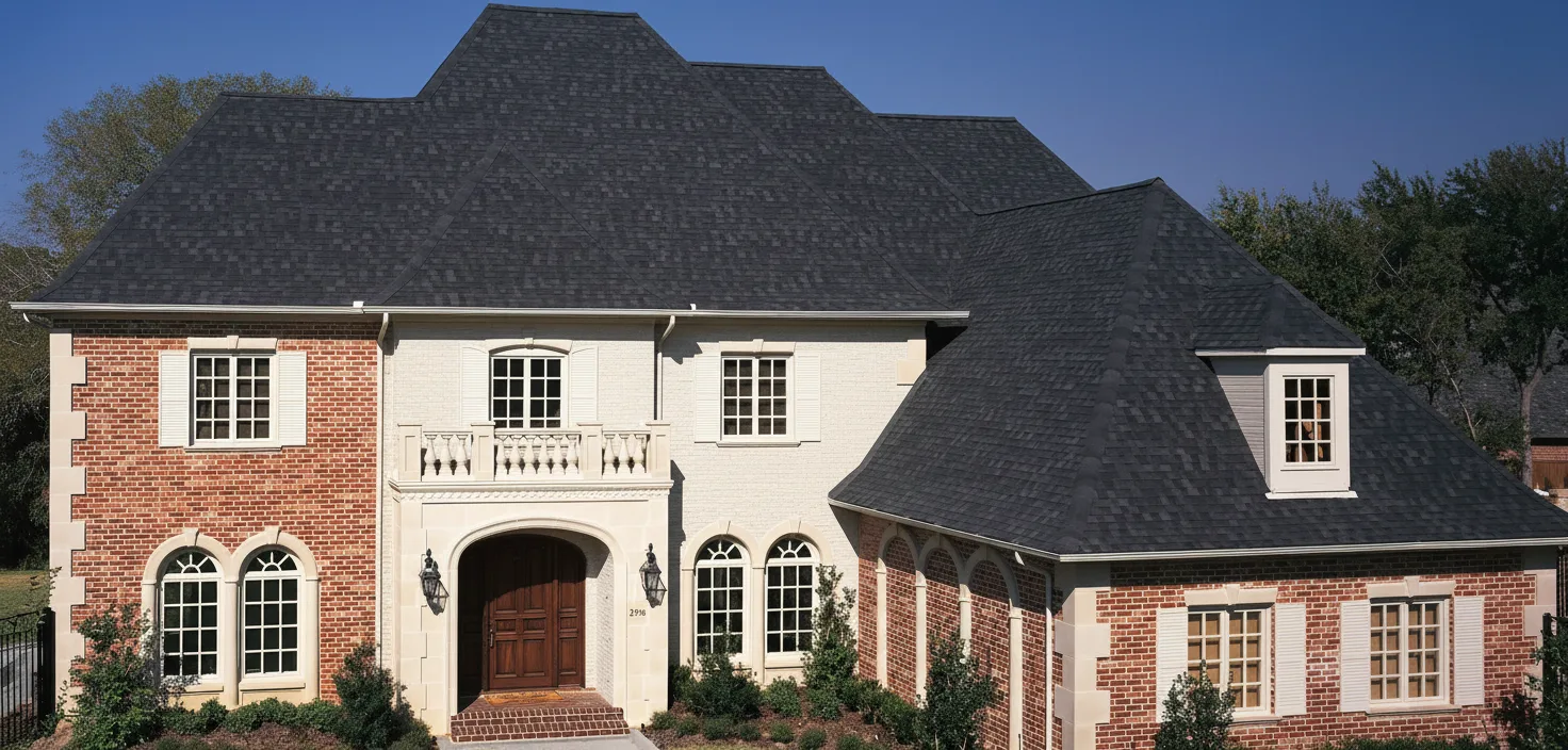 Cream house with Black roof using Heritage Rustic Black