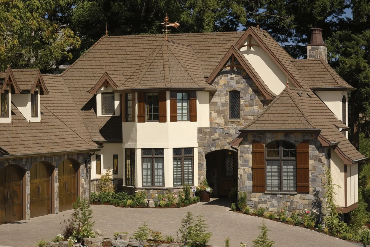 Cream house with Brown roof using Grand Manor Brownstone