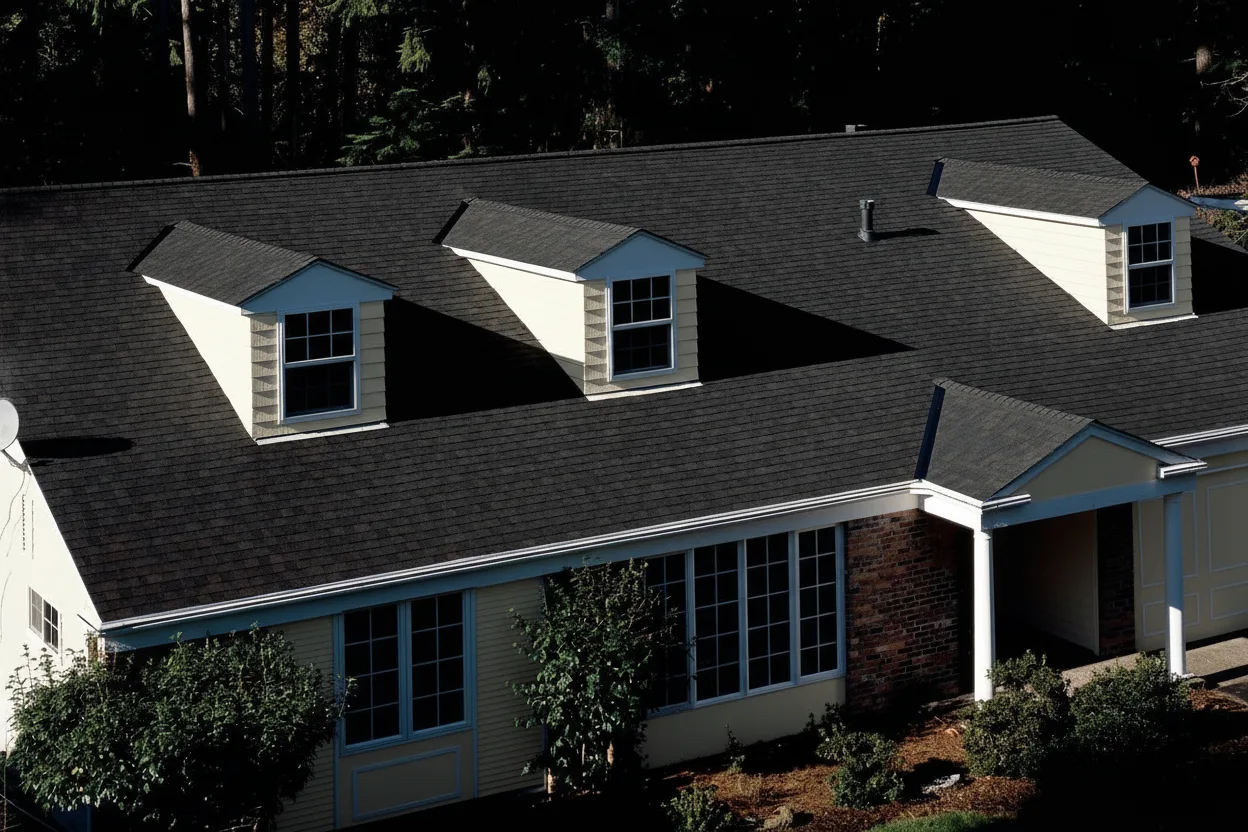 Cream house with Brown roof using Landmark Black Walnut