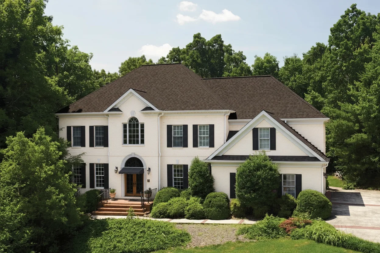 Cream house with Brown roof using Landmark Pro Max Def Heather Blend