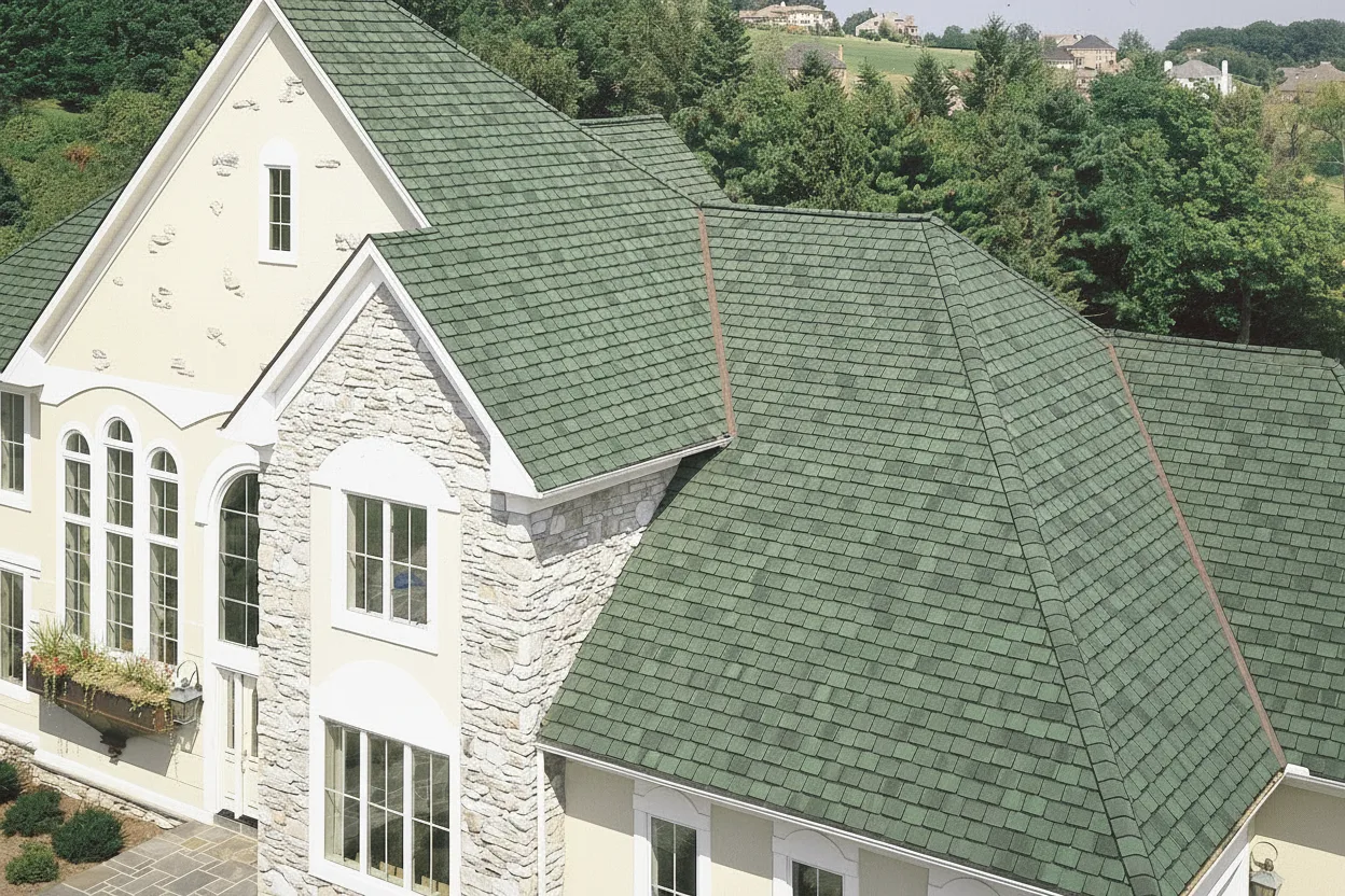 Cream house with Charcoal roof using Grand Manor Sherwood Forest