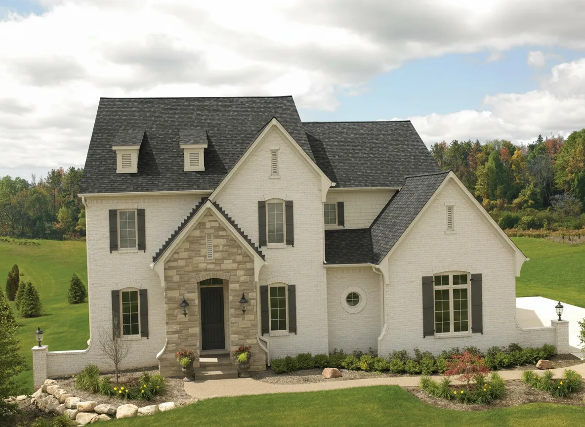 Cream house with Charcoal roof using Cambridge Harvard Slate