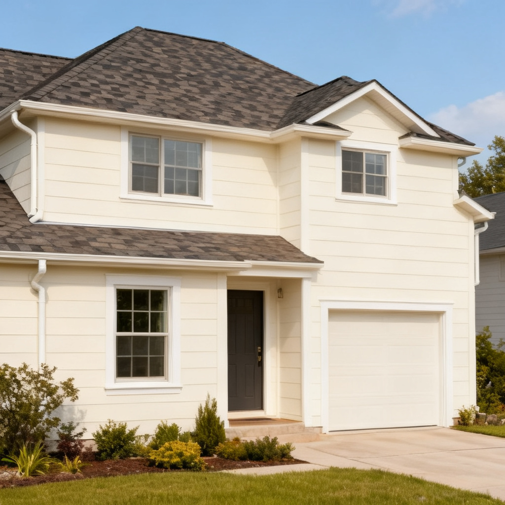 Cream house with Weathered Wood roof using Cambridge Driftwood