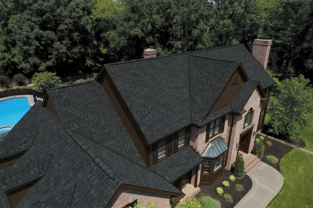 Dark Brown house with Black roof using Dynasty Granite Black
