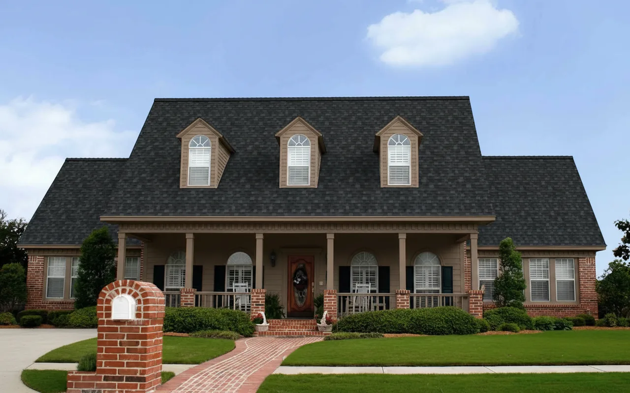 Dark Brown house with Black roof using Duration Onyx Black