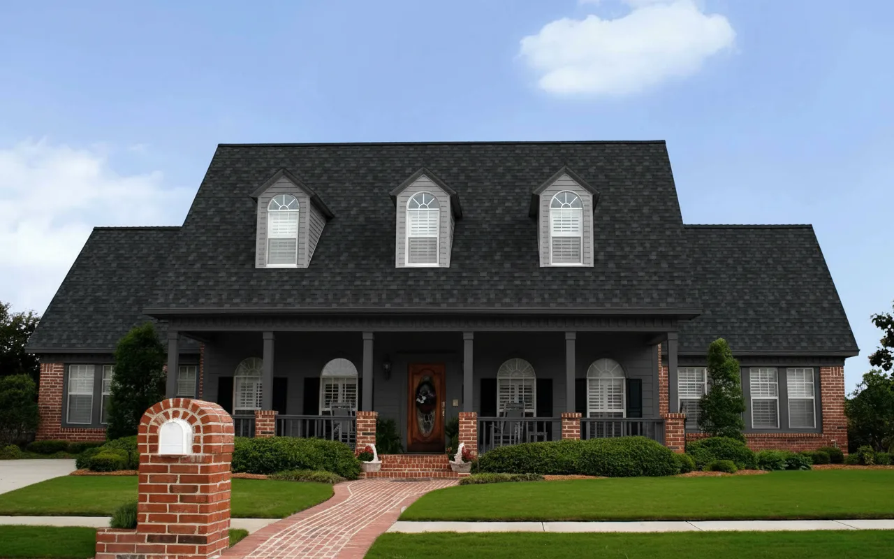 Dark Gray house with Black roof using Duration Onyx Black