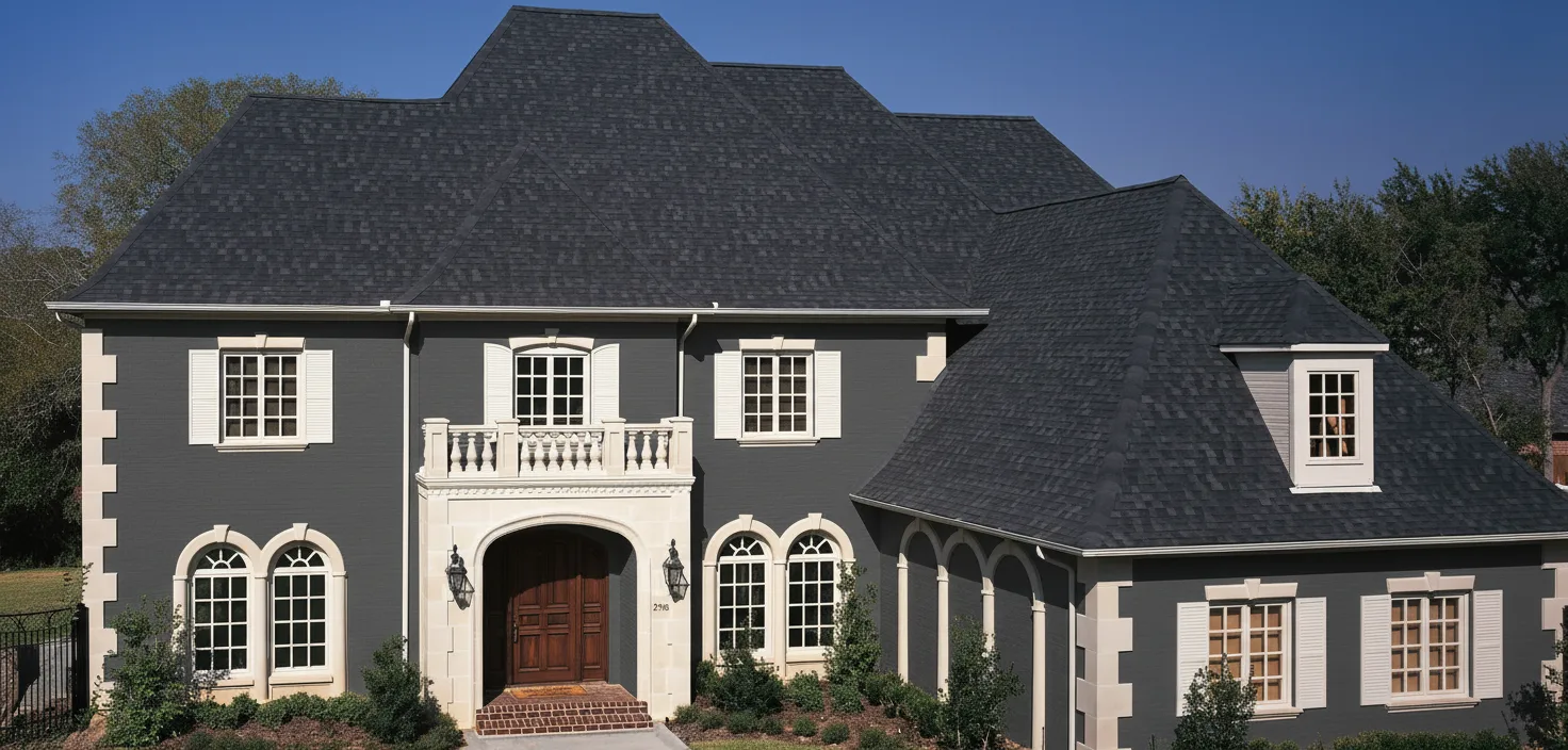 Dark Gray house with Black roof using Heritage Rustic Black