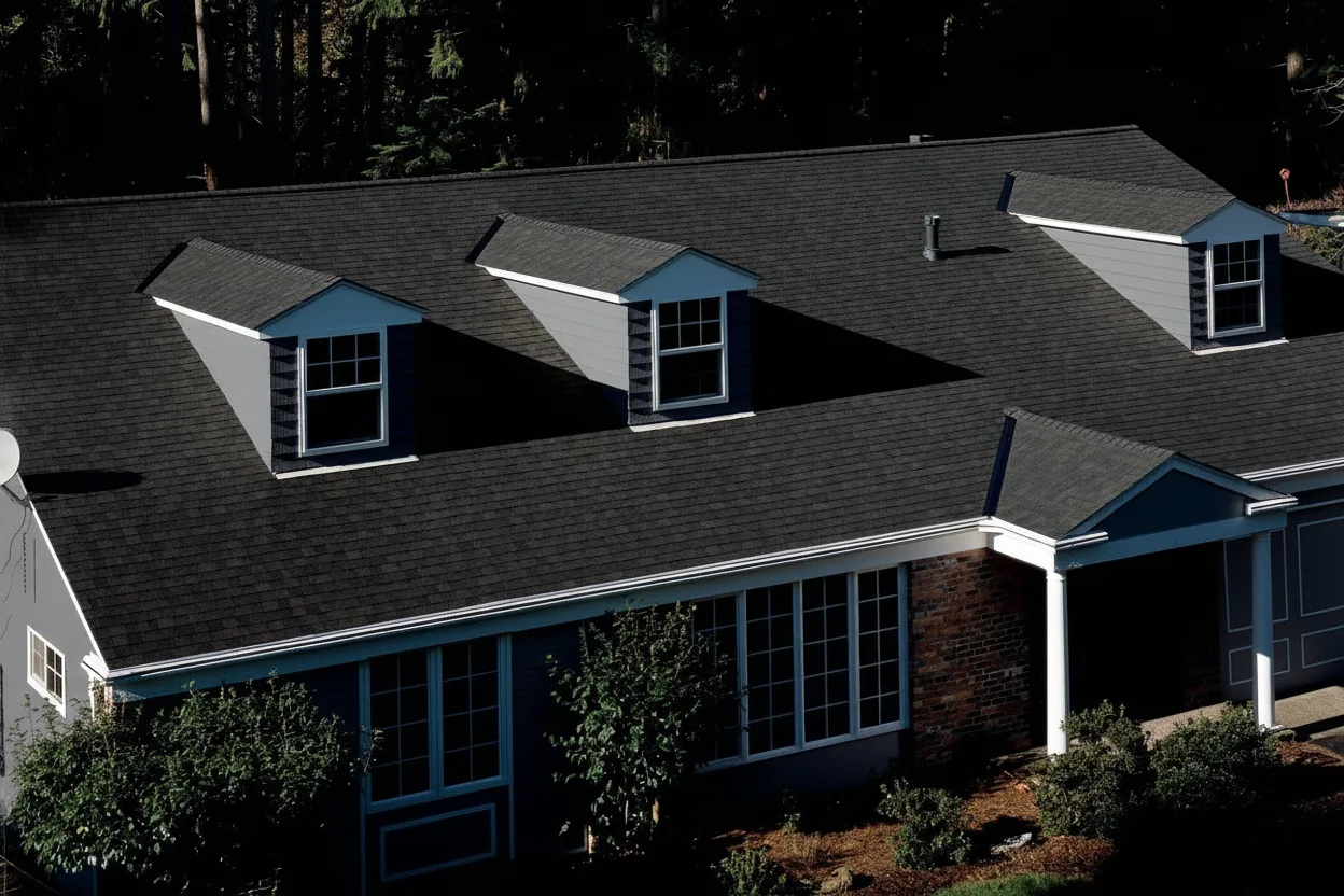 Dark Gray house with Brown roof using Landmark Black Walnut