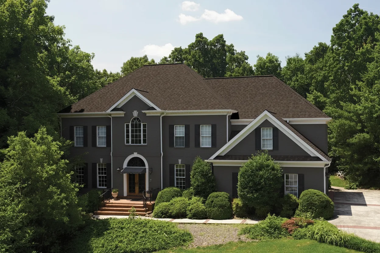 Dark Gray house with Brown roof using Landmark Pro Max Def Heather Blend