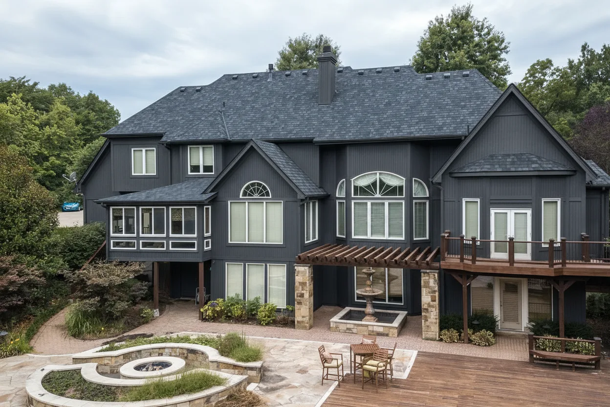 Dark Gray house with Charcoal roof using Belmont Black Granite