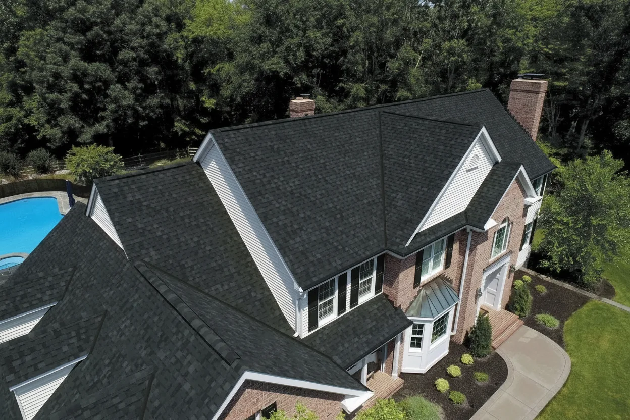 Gray house with Black roof using Dynasty Granite Black