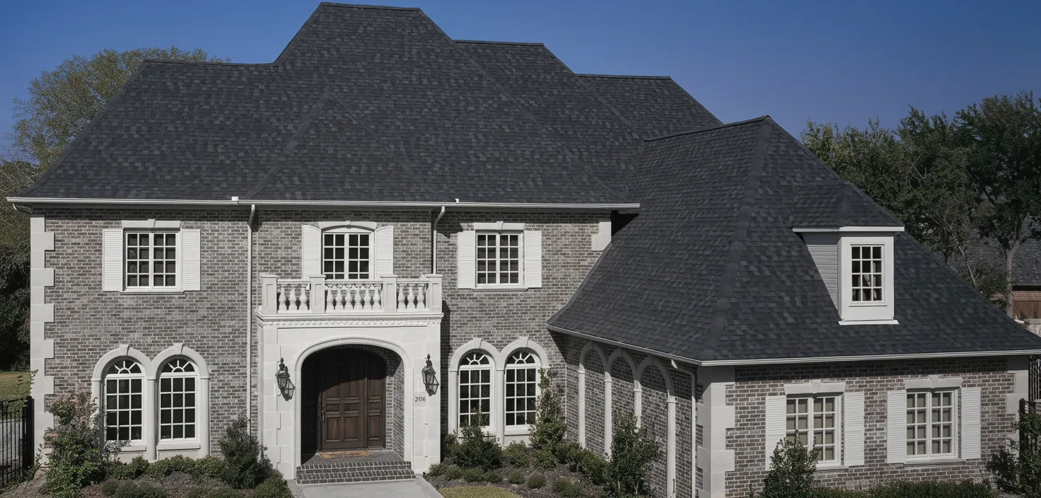 Gray house with Black roof using Heritage Rustic Black