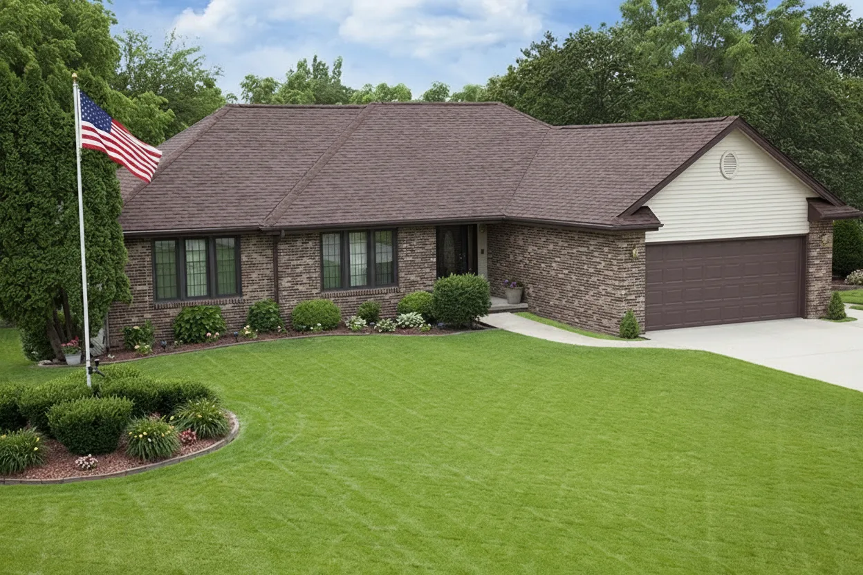 Gray house with Brown roof using Vista Antique Brown